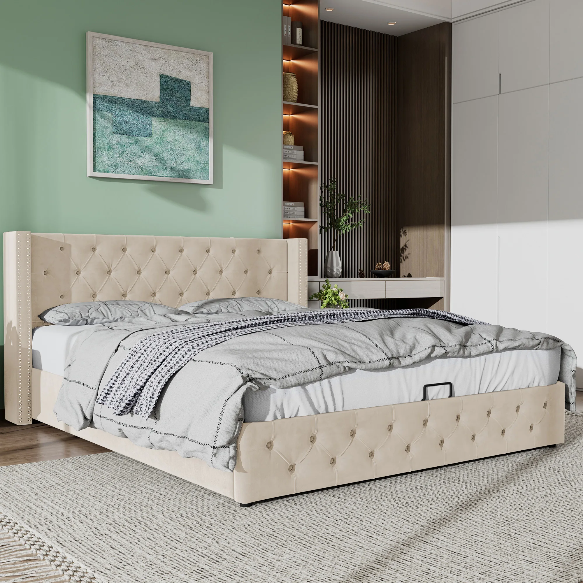 Lit coffre 180x200 cm double capitonné avec espace de rangement, velours beige sans matelas