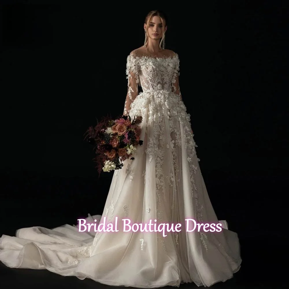 

A-Line Elegant Wedding Dresses Boat Neck Long Sleeve Vestido De Novia Lace Appliques Flowers Chic Custom Made Bridal Gown