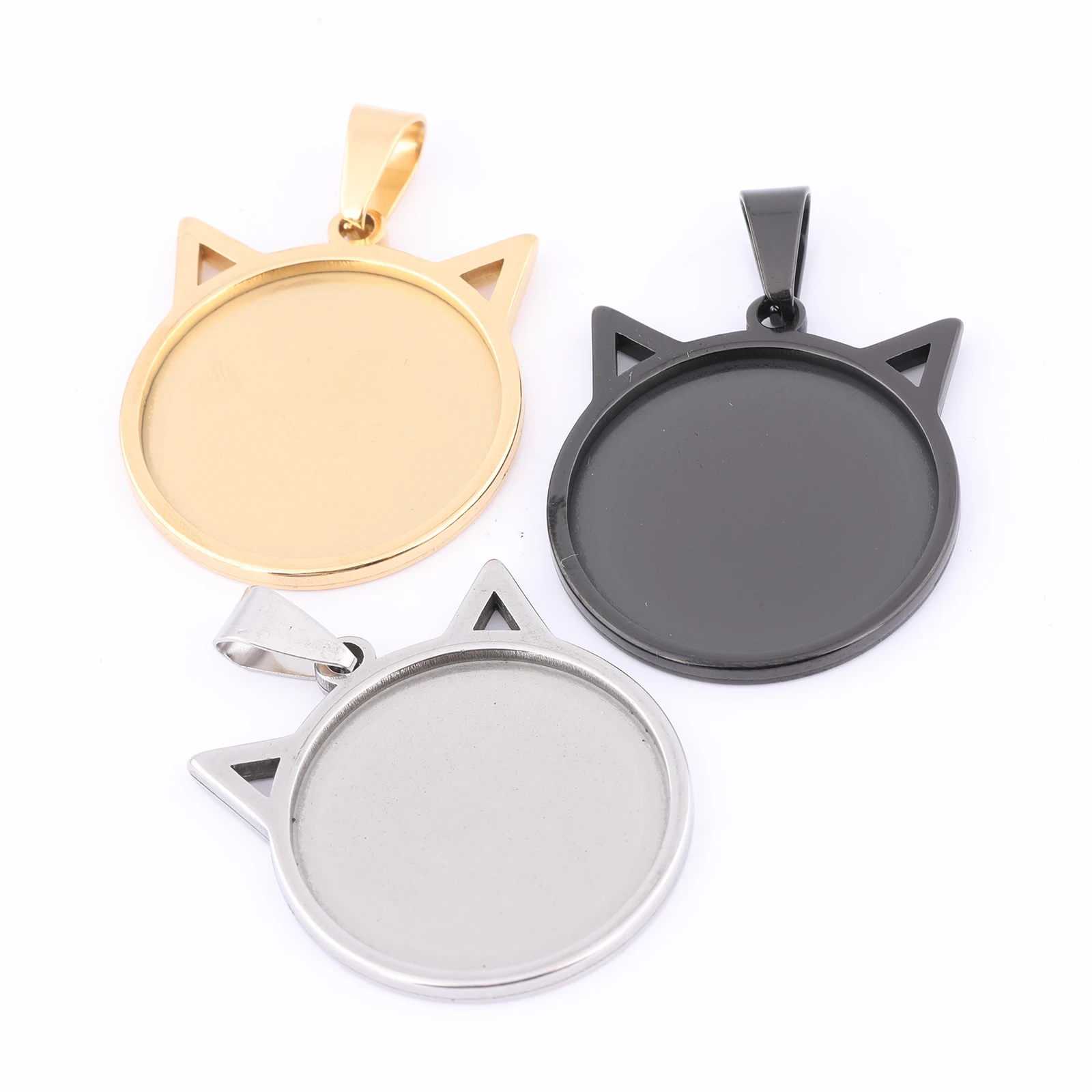 5pcs Stainless Steel Gold Plated Cat Cabochon Base Setting Blanks 25mm Dia Bezel Pendant Trays For Necklace jewelry Making