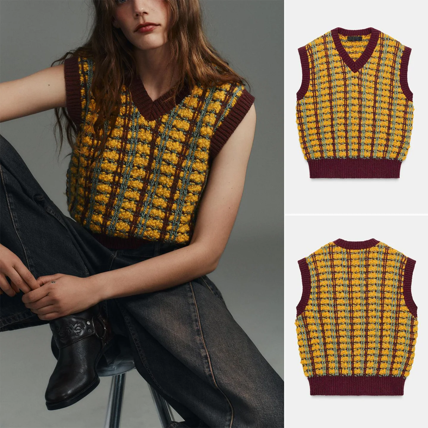 

Новый зимний женский дизайн Sensation College Sle Svel V-Ne, текстурированный вязаный жилет 303900, обычная длина, без пуговиц