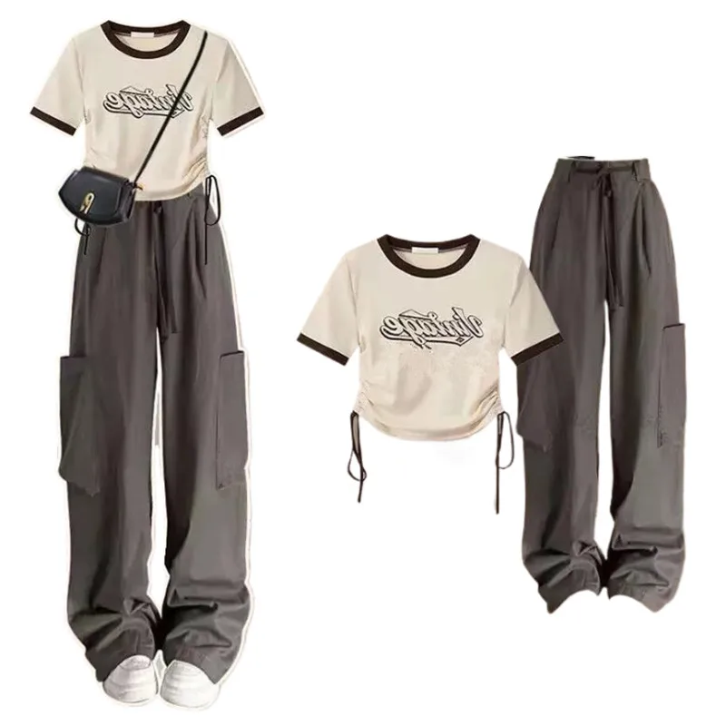 Lente/Zomer Set Dames Retro Schouder Kort T-Shirt Met Hoge Taille Hiphop Werkbroek Tweedelige Set Mode