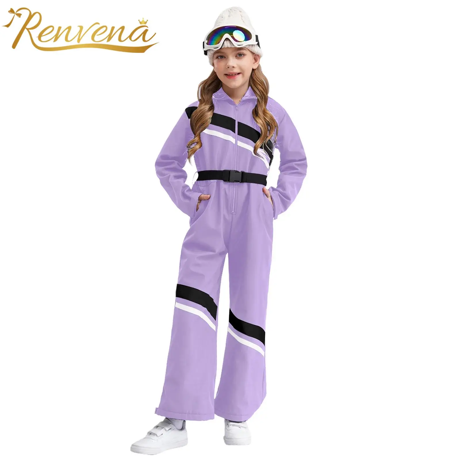 Kids Girls Ski Jumpsuit Long Sleeve Zipper Color Block Hooded Bodysuit with Belt for Skiing Snowboarding Mountaineering Pants