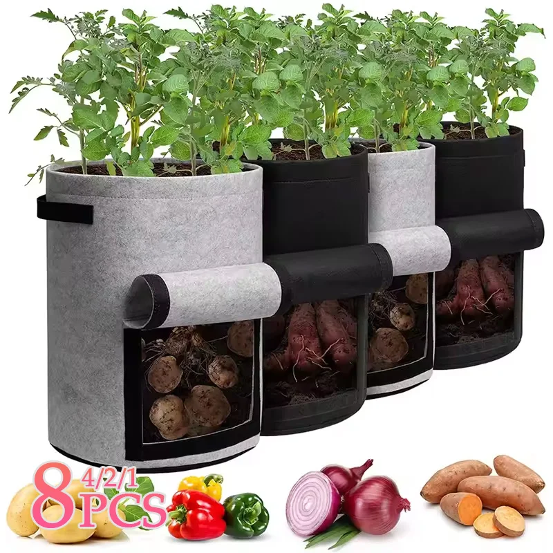 

1-8PCS 5/10Gallon Felt Potato Planting Bag Large Diameter Vegetable Plant Seedling Bag Non-Woven Felt Potato Growing Bucket