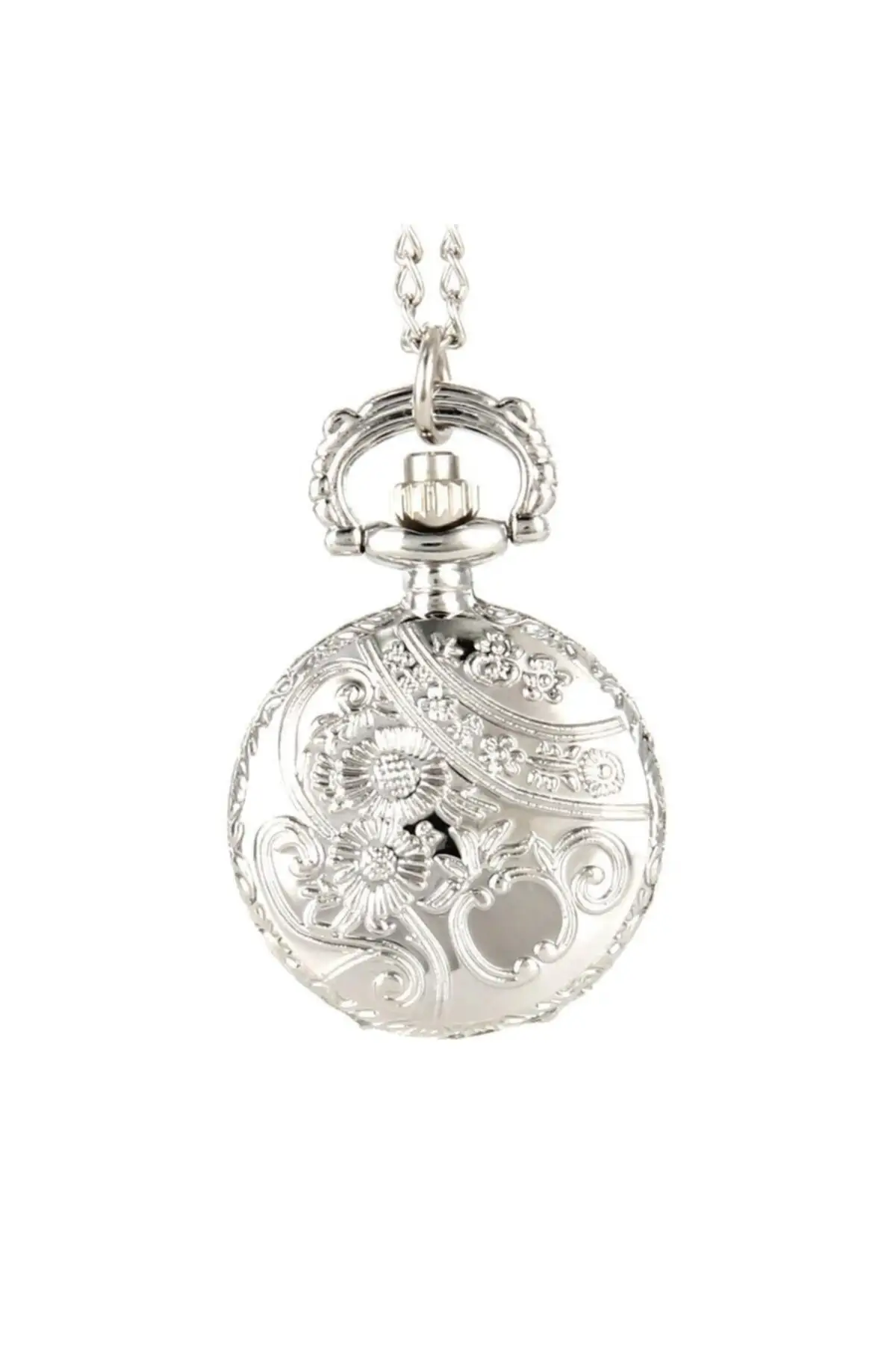 Uras Quartz Köstekli Mini Pocket Watch Necklace Silver Flower Creeper Pattern Vintage Watch Men Women