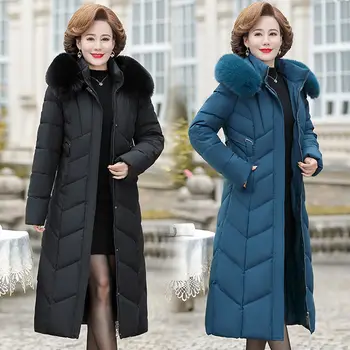 Parka larga cálida de invierno para mujer, abrigo grueso de algodón ajustado para madre de mediana edad, Parkas con capucha y Cuello de piel para mujer 8XL