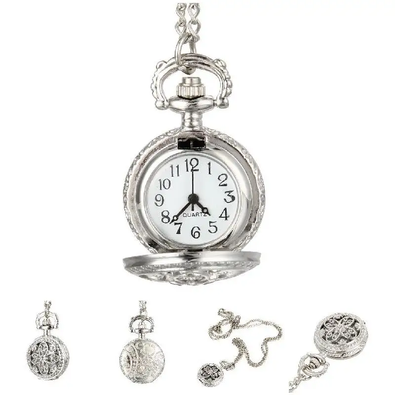 Fashion Vintage Women Quartz Pocket Watch Alloy Hollow Out Flowers Lady Girl Sweater Chain Necklace Pendant Clock Gifts
