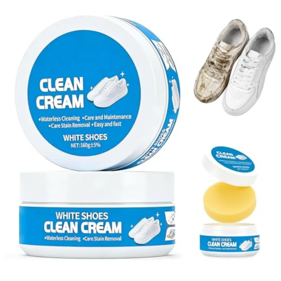 2PCS White Shoes Cleaner Cream, Multipurpose No-Wash Solid Cleaning Paste with Sponge Removes Stains and Dirt, Cleaning Cream W