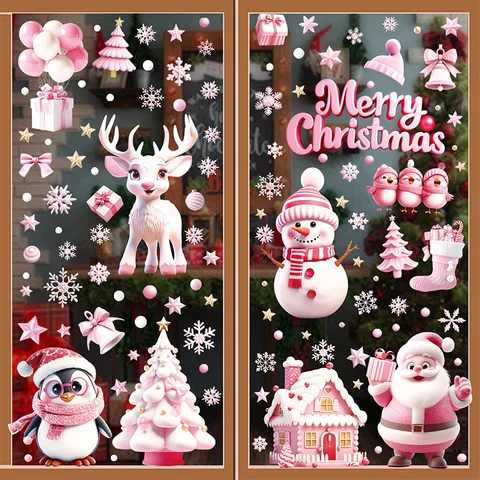 9PCS/set pink Christmas Christmas window sticker 3D Santa snowflake glass door and window decoration sticker