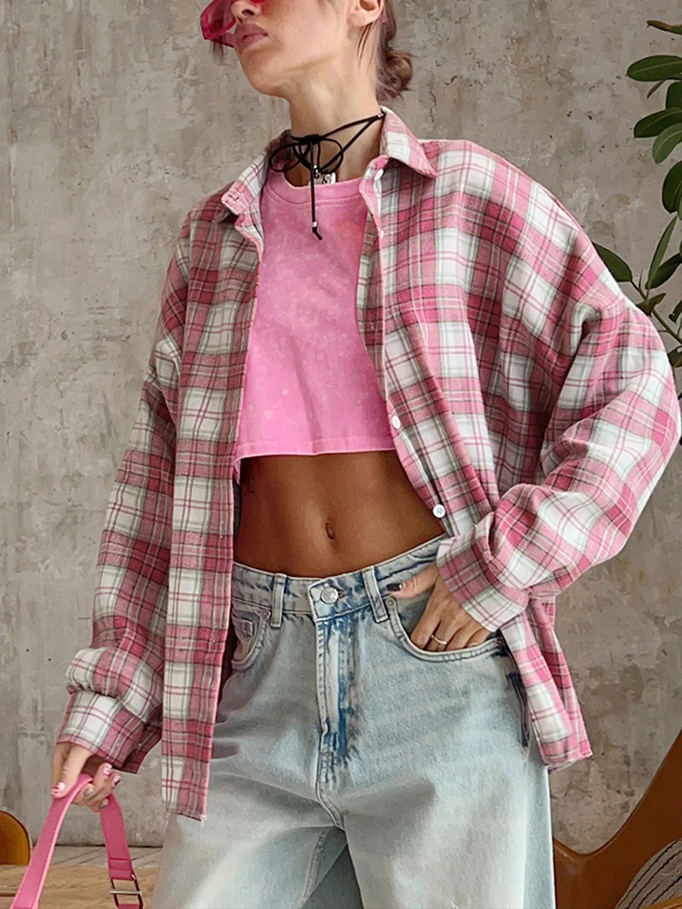 Mnealways18 Pink Casual Oversize Checked Shirts Women Turn Down Collar Street Style Button Ladies Blouses And Tops Autumn 2024