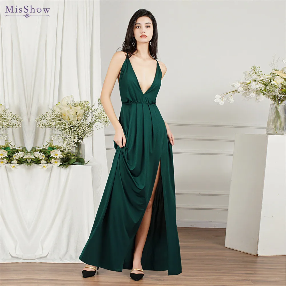 MisShow Cheap Green Maxi Summer Dress Female Sexy High Slit Straps Tie Back Long Dresses for Women Night Club Party Beach Dress