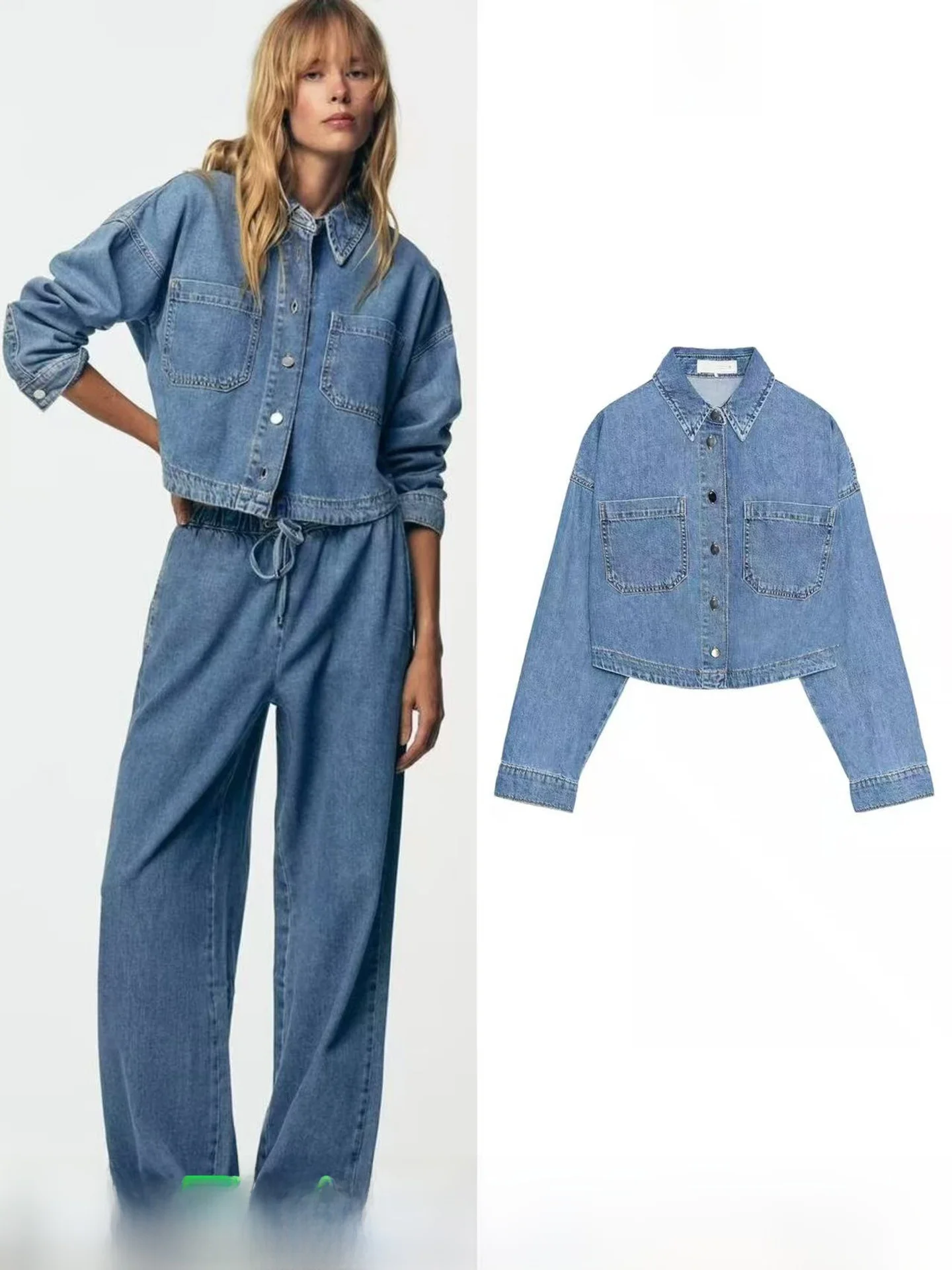 

Fall 2025 New Women's Denim Long Sve Collared ort irt Jaet Cotton Straight Cut 3D Faion Breathable Skin-Friendly