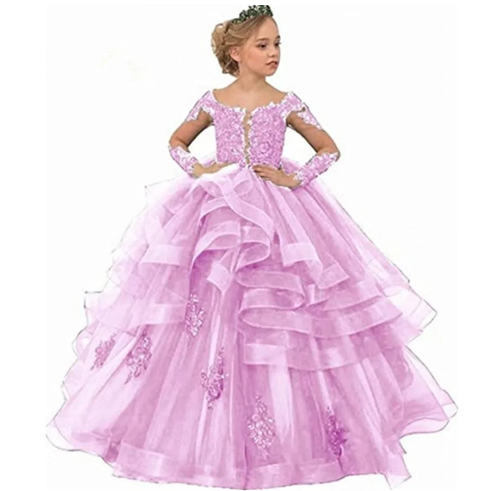 Vestido de cumpleaños de manga larga para niña, vestido de encaje verde para niña de flores, vestido de fiesta de boda, vestidos de princesa para niña de Navidad, primera comunicación