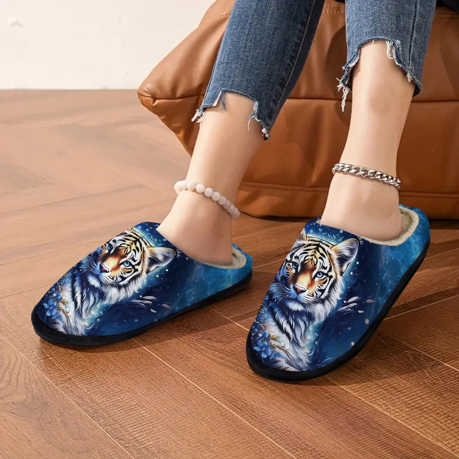 Zapatillas sin cordones de felpa para mujer con estampado animal de cara de tigre, suela de goma antideslizante, zapatos cálidos para casa de invierno para suelos fríos