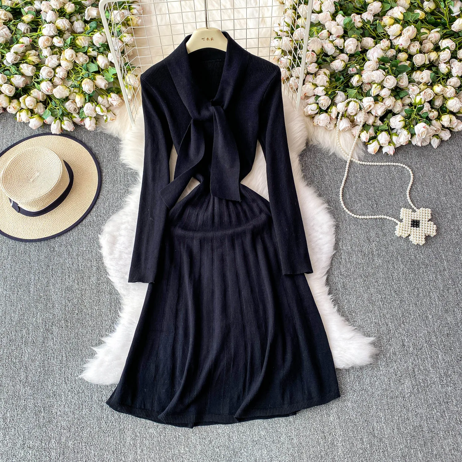 세련된 빈티지 섹시한 v 넥 긴 소매 슬림 우아한 요정 한국 패션 Boho Sundress 여성 의류