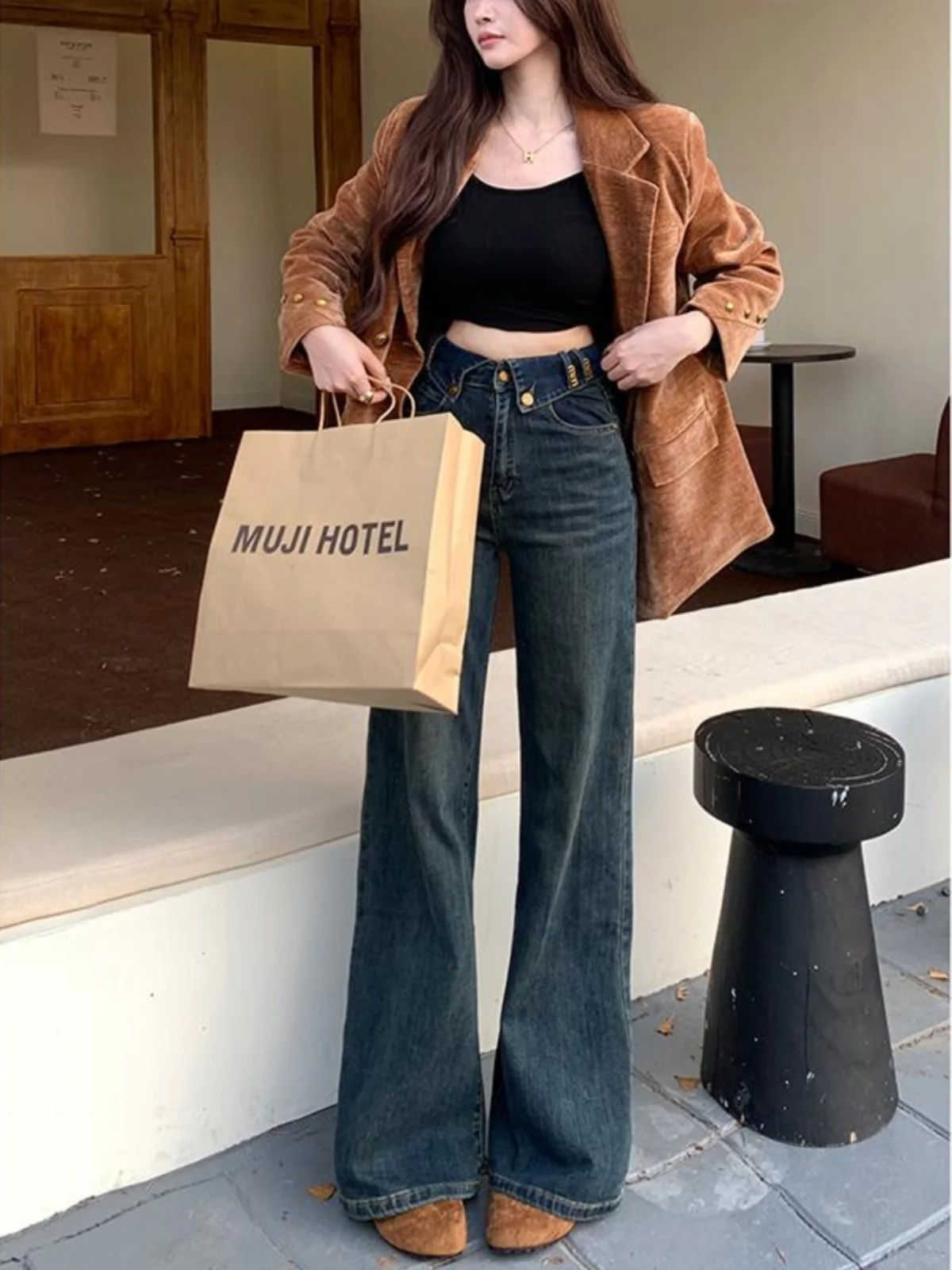 Jeans a vita alta dimagranti a vita alta con campana Bot Jeans versatili da donna con stampa di lettere, vestibilità comoda, pantaloni lunghi, pendolari casual