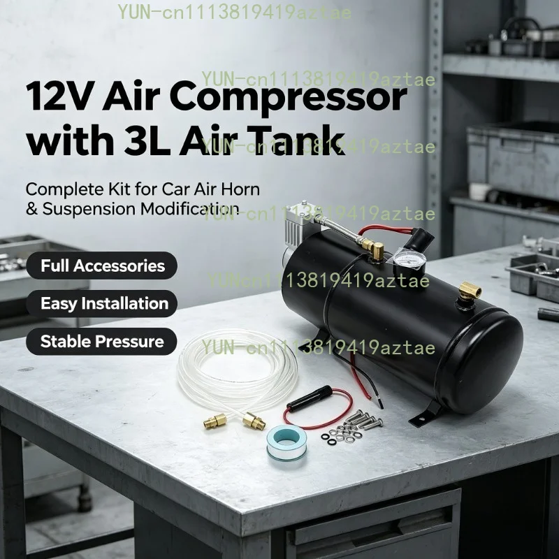 12V/24V Air Horn Compressor with 3L Air Tank, Universal Air Pump for Truck Horn Modification