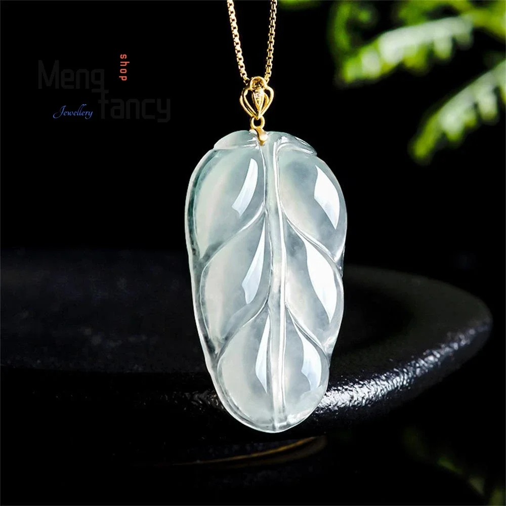 Natural Myanmar A-goods Jadeite Leaves 18K Gold Buckle Inlaid Ice Jade Pendant Exquisite High-grade Luxury Fashion Fine Jewelry