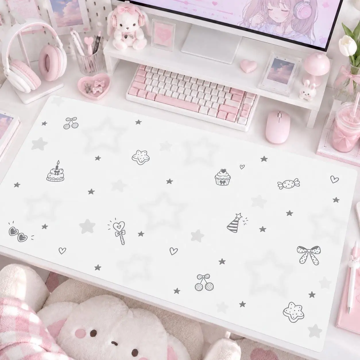 Minimalist Grey Love Heart Plaid PU Leather Mouse Pad Large Office Desk Mat Waterproof Desktop Keyboard Desk Pad Gaming Mousepad