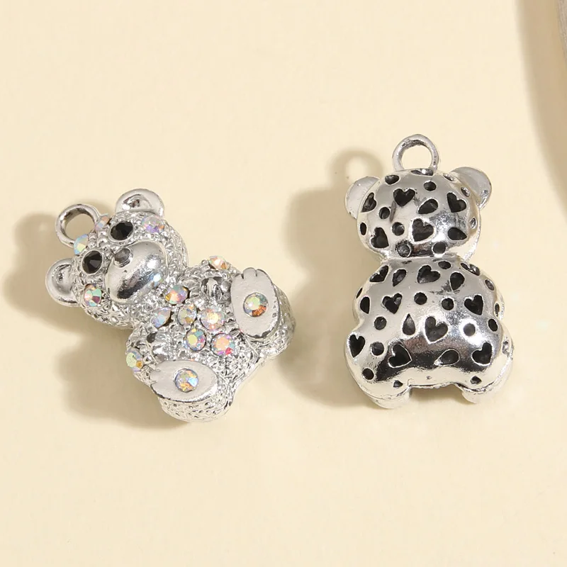 5pcs Silver Color 24x14mm Cute 3D Bear Crystal Charms Animal Pendant Fit Necklaces DIY Handmade Jewelry Making Finding Supplies