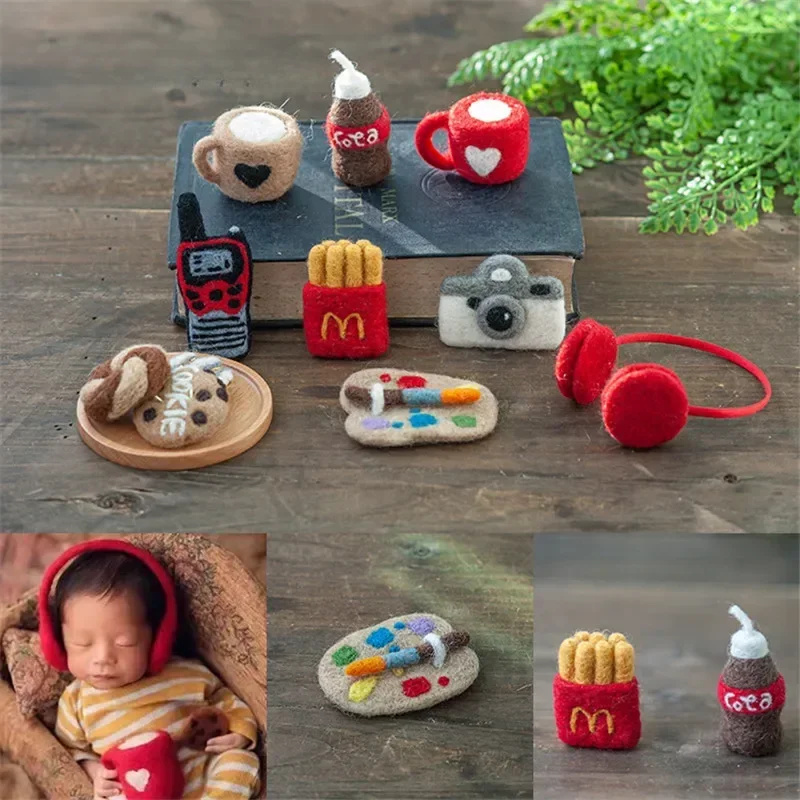 Photography Accessories for Newborn Wool Felt Palette French Fries Earphones Biscuits Cup Creative Decoration Photo Props