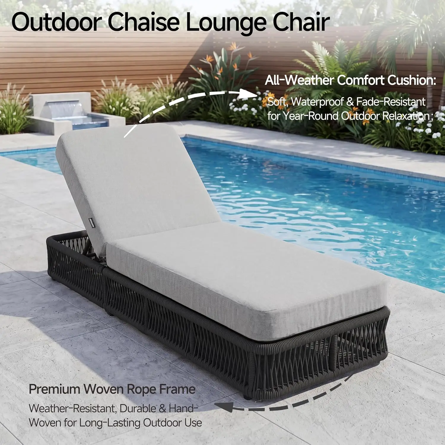 Outdoor Chaise Lounge Chair Set of 3, 5-Position Adjustable Backrest, All-Weather Black Woven Rope Recliner with Light Grey Cush