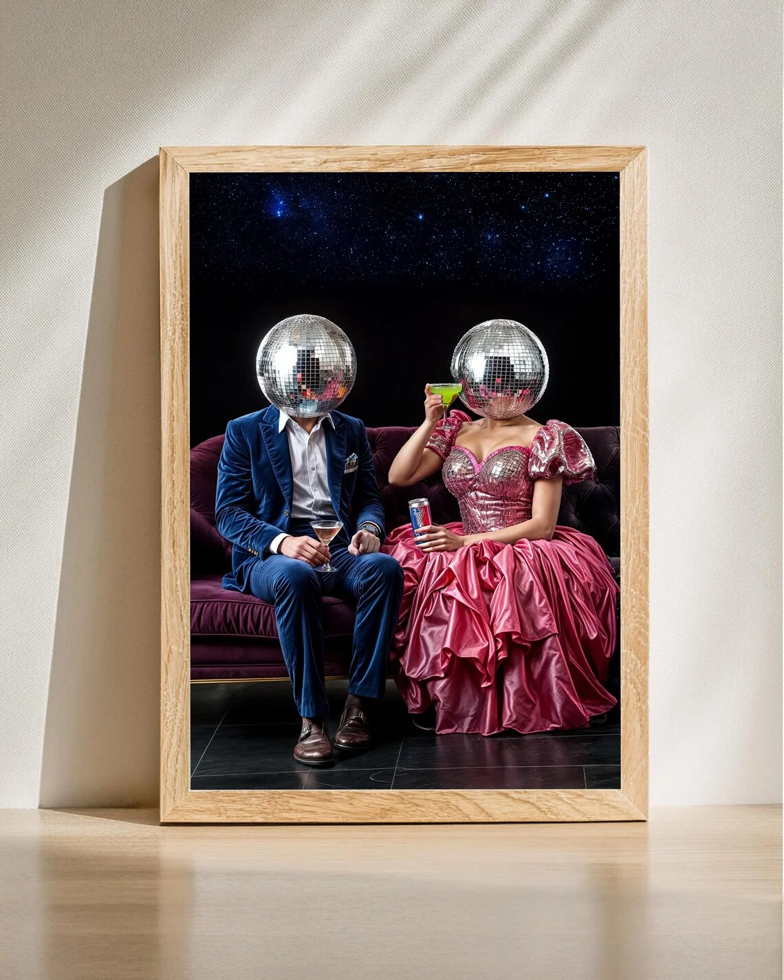 Disco Ball Heads Poster, Retro Party Print, Surreal Nightlife Wall Art, Glamorous Fashion Decor, Futuristic Dance Print, Digital