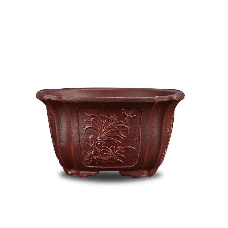 yesPurple Sand Flower Pot-Handmade Carved Chinese Traditional Bonsai for Home Desk Garden Decoration-Exquisite Collection Accent