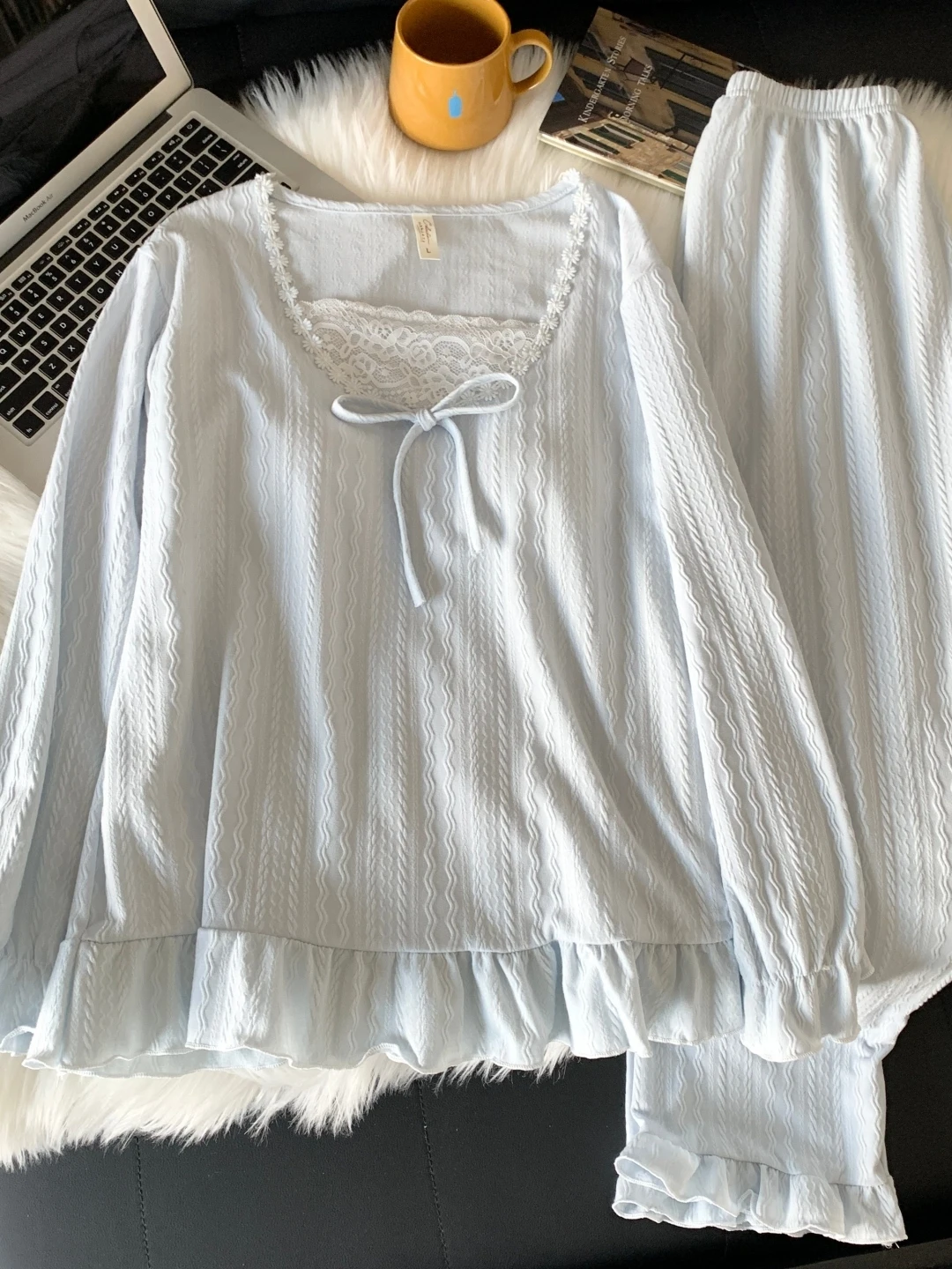 Sweet Cute Style Sleepwear Set Women's Long Sleeve Long Pants Lace Trimmed Floral Cotton Home Clothes Set with Chest Pad