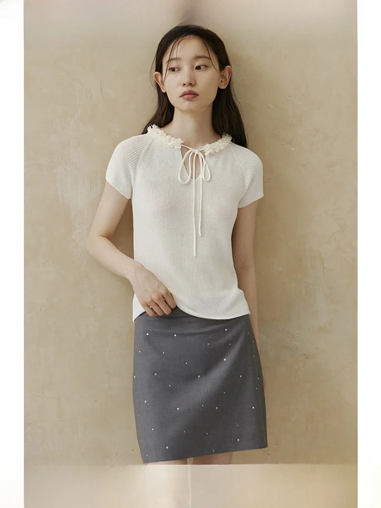 

ForPoem Original Chinese Design Summer Knitted ort Sve Slim Fit irt with Bow Tie And 3D Lace Decoration V-Ne Top