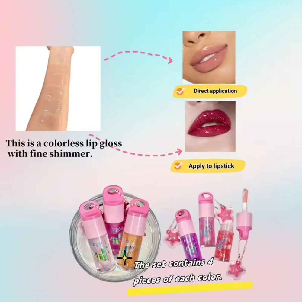 クマのキーホルダー、マットバニーリップスターペンダント、ファイングリッターリップグロス、透明ジェリーシャインリップオイル4個セット、長持ちするリップスティック