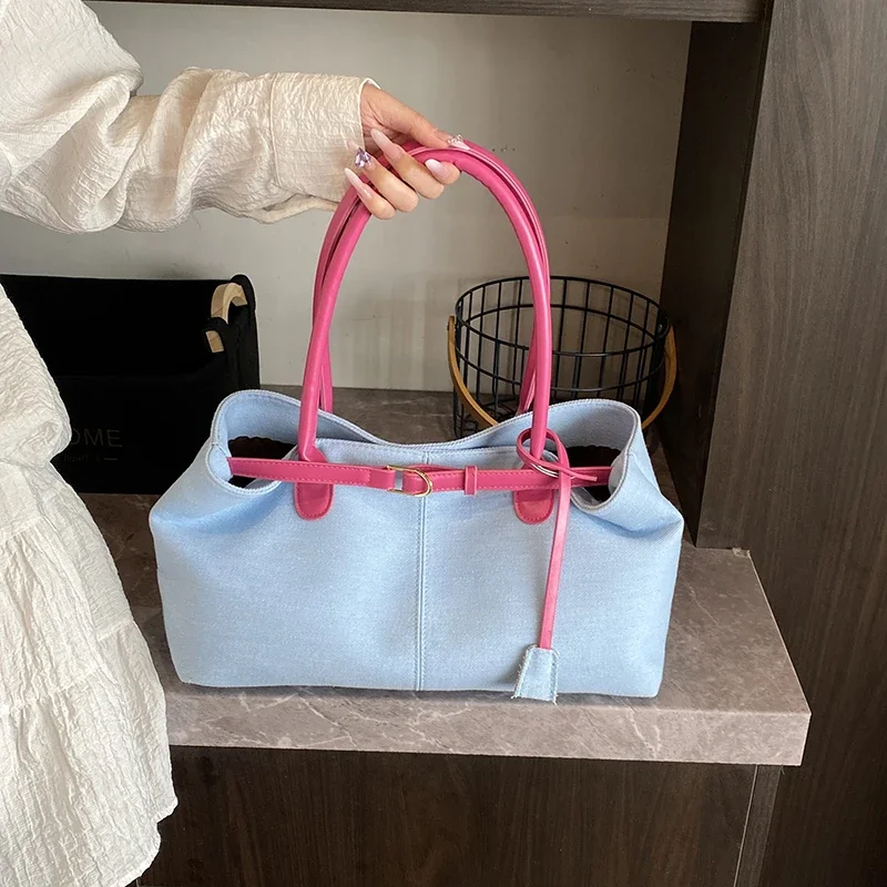 2025 Denim Shoulder Bag Women's New Fashionable Contrast Color Armpit Bag Large Capacity Commuter Handbag Tote Luxury Bag Female