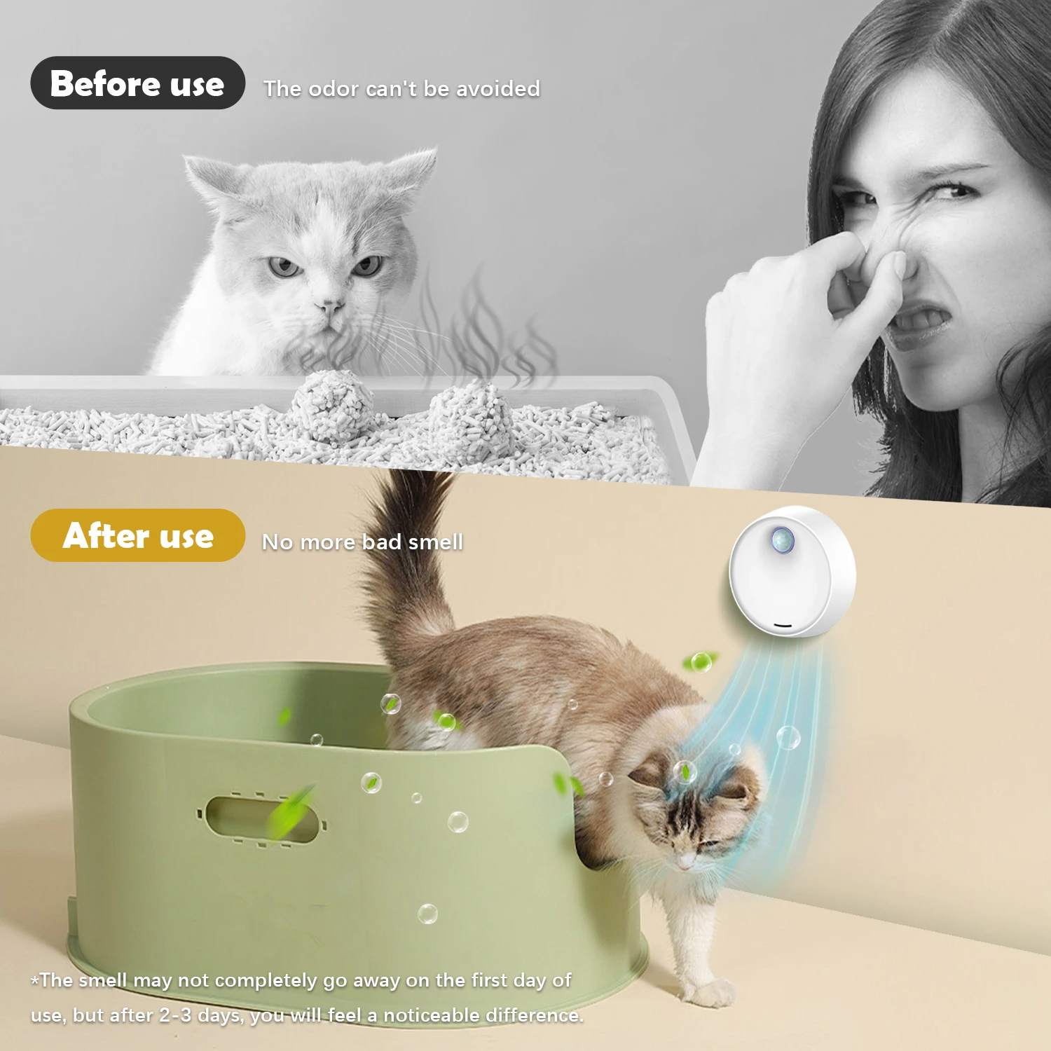 1pc, 3000 mAh Smart Pet Odor Purifier, Air Purifier，Negative ions remove 99% of odors，Suitable for cat litter box,(White)