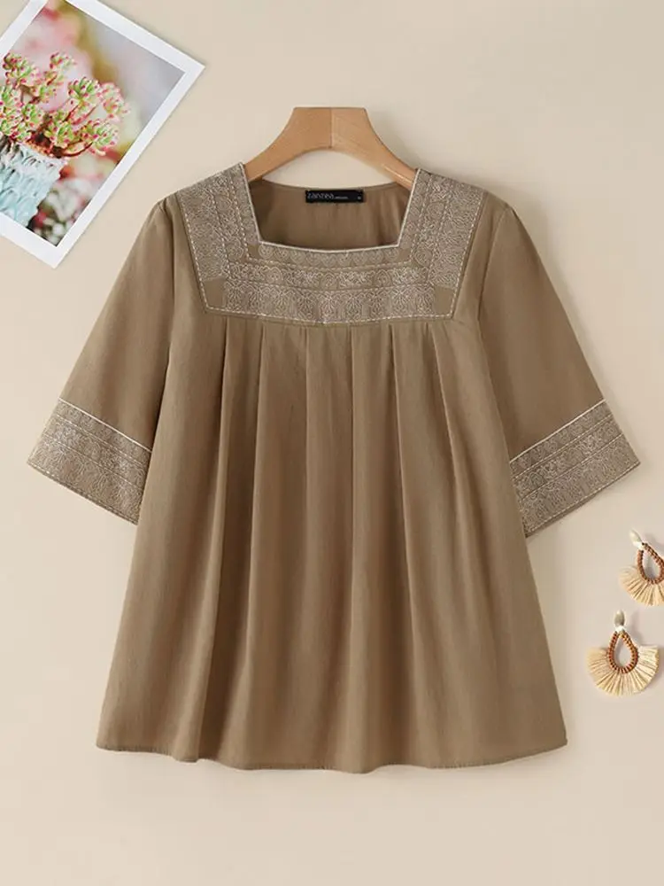 ZANZEA Summer Vintage Embroidery Tops Women Blouse Fashion Holiday Tunic Tops Casual Square Neck Half Sleeve Cotton Blusas Mujer