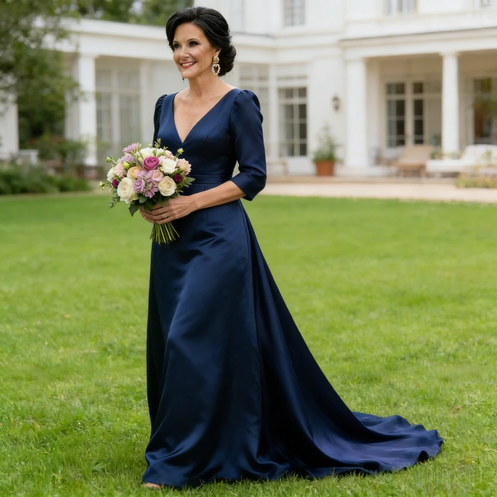 Robes mère de la mariée élégantes bleu marine foncé, col en v, traîne Court, Simple, en Satin, pour marié, fête de mariage, robe formelle personnalisée