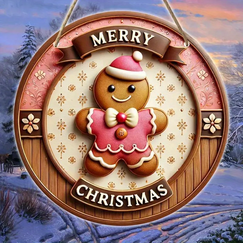 1pc, 2D Wooden Merry Christmas Pink Gingerbread Man7.9Inch/20cm Round Hanging Sign Wall or Door Decor Wall Art Outdoor Courtyard