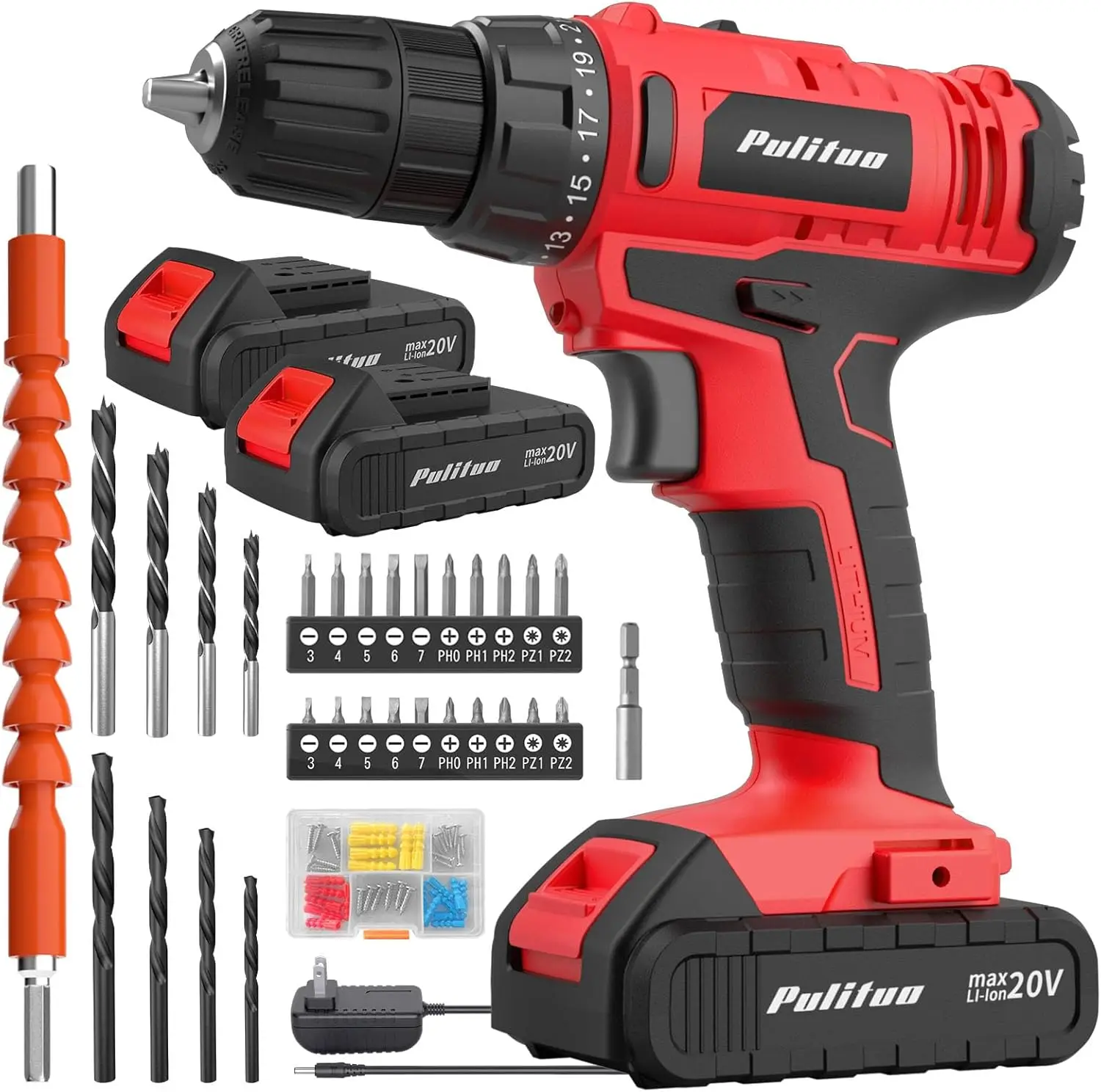 

20V Cordless Drill Driver Kit with 2 Batteries, 30Nm Torque, LED Light for Home DIY Projects