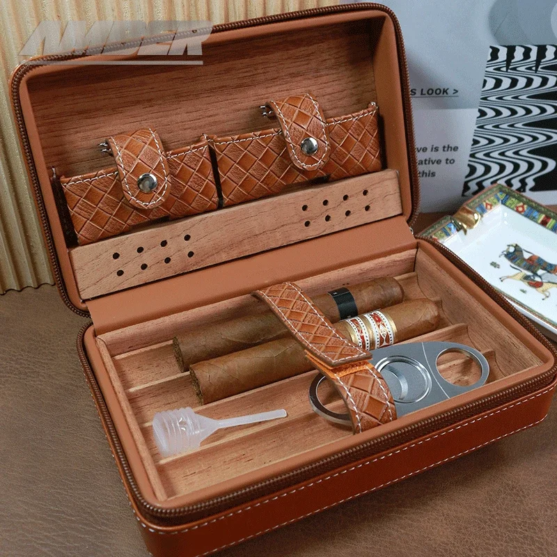 Cigar Case 4- cigars tubes Leather  Travel Portable Humidor with Cedar Wood Lined with Stainless Steel Cigars Cutter