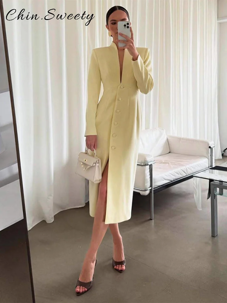 أنيقة واحدة الصدر فستان طويل المرأة الأصفر الوقوف طوق كم كامل الجبهة سبليت فساتين ضئيلة 2025 الخريف سيدة تخفيف الجلباب