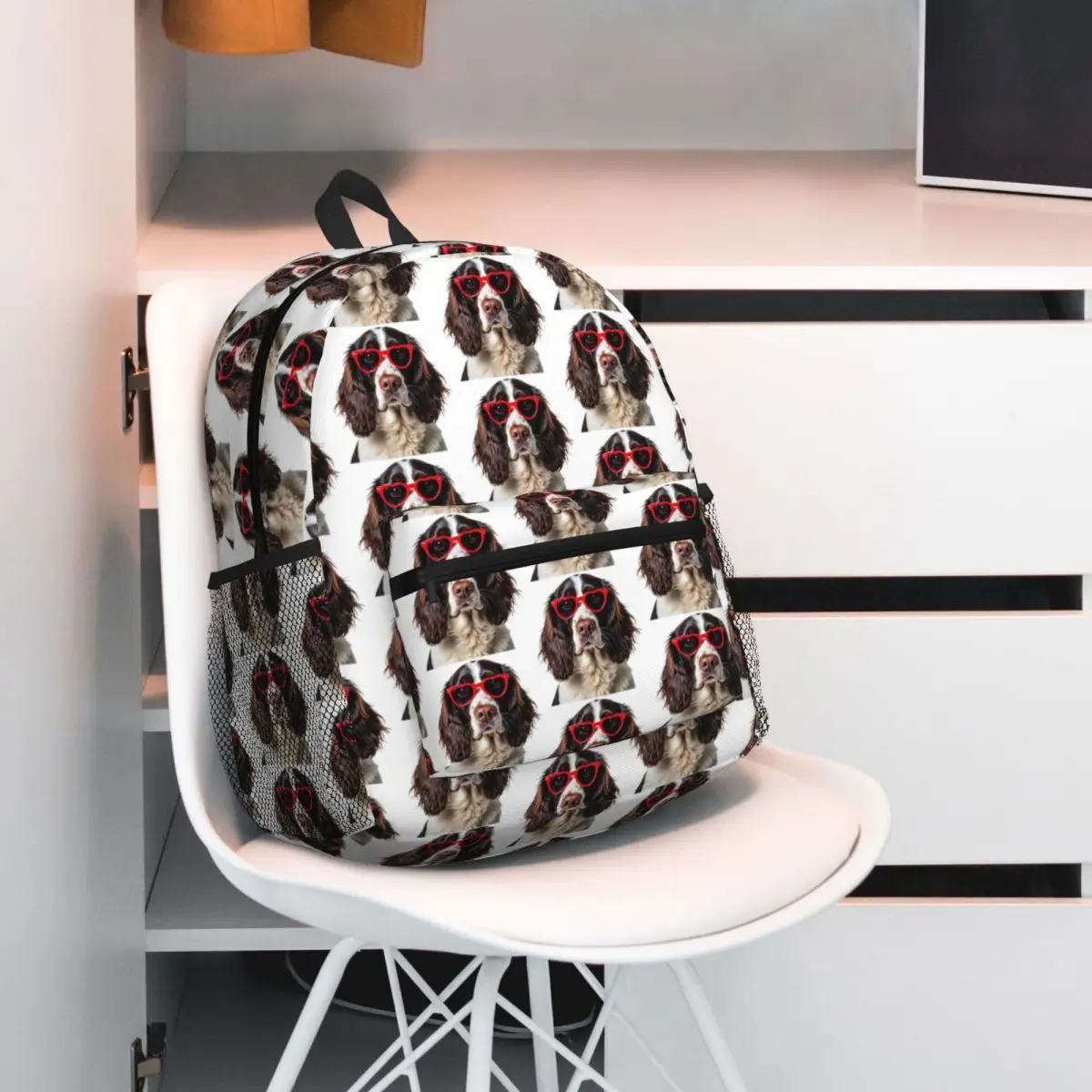 English Springer Spaniel Dog Wearing A Heart Shape Sunglasses Student Backpack School Bag Hiking Daypack Bookbag Shoulder Bags