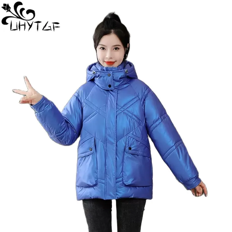 

UHYTGF Quality Bright Face Down Cotton Parkas Coats Women Pocket Casual Short Jackets Female Hooded Cold Proof Warm Overcoat 149