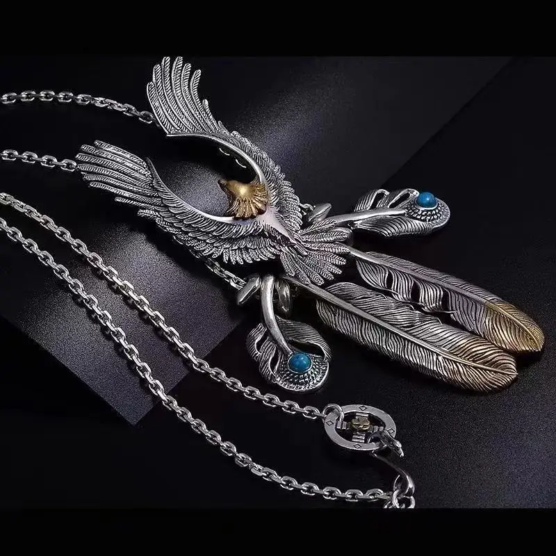 Vintage Carved Eagle Feather Necklace Inlaid Turquoise, Japanese Korean Hip Hop Punk Rock Sweater Chain