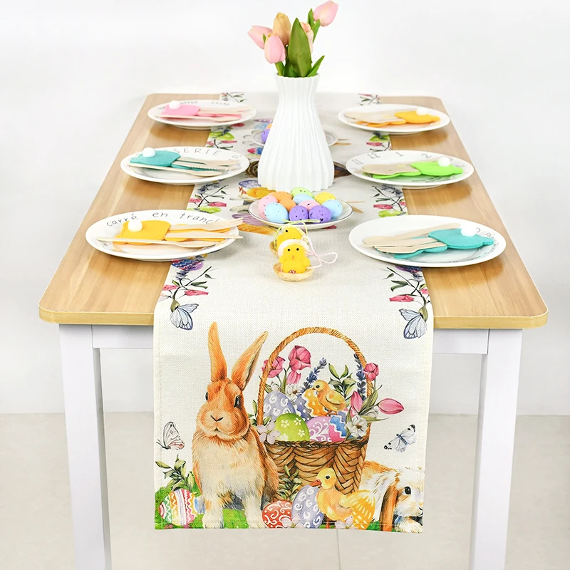 

2024 Happy Easter Party Table Runner Cartoon Rabbit Bunny Egg Ployster Table Flag for Home Kitchen Dining Table Decoration