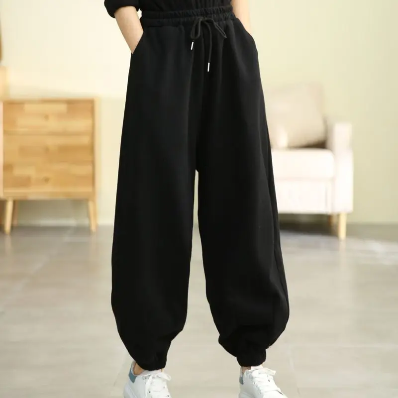 

Women Autumn Winter Simplicity Fleece Thickening Loose Solid Color High Waist Bloomers Women Clothes Casual All-match Wide Leg