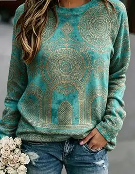 Women's Boho Mandala Sweatshirt Cream Bleached Brown Print Long Sleeve Round Neck Top