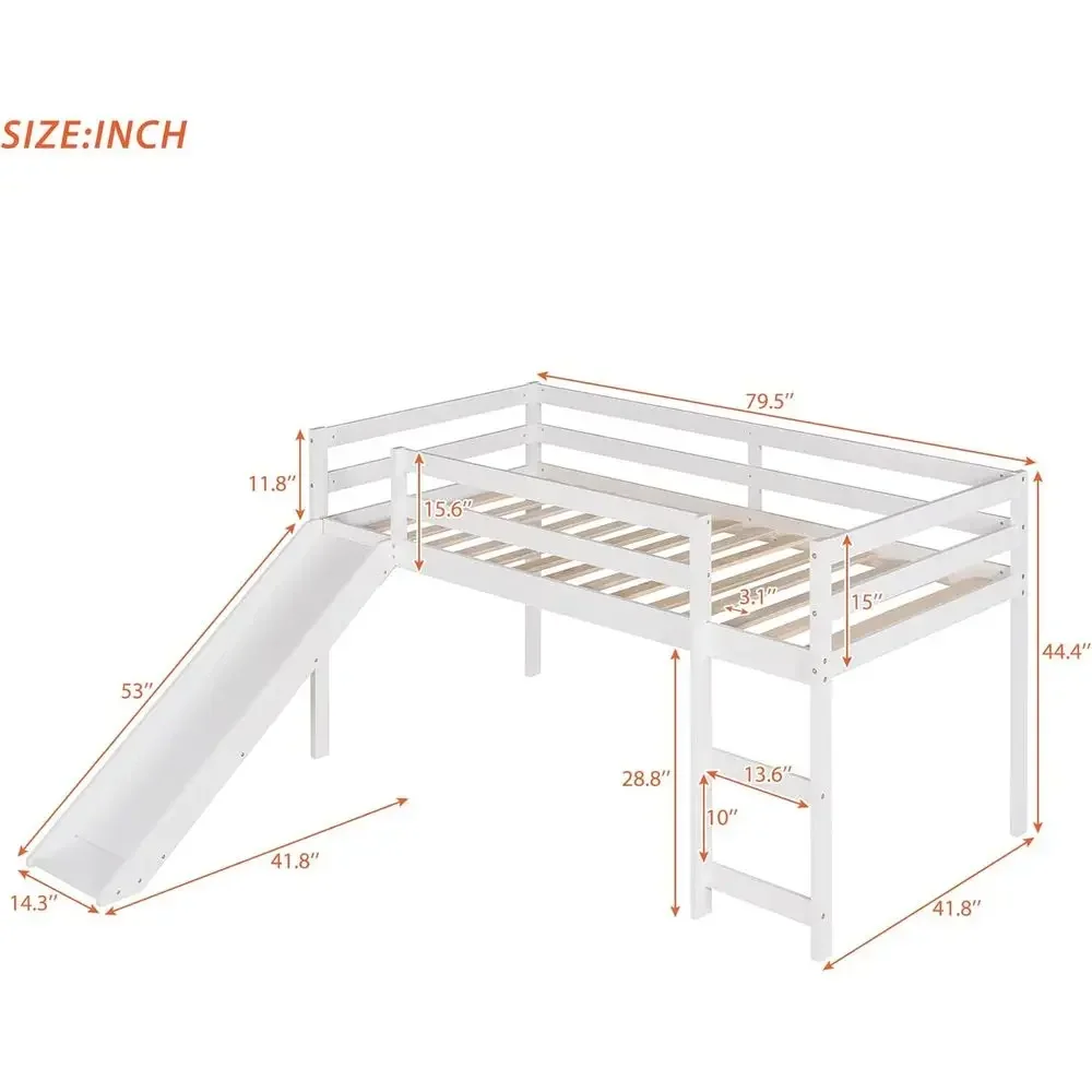 White Twin Size Wooden Loft Bed with Slide and Ladder, No Box Spring Needed