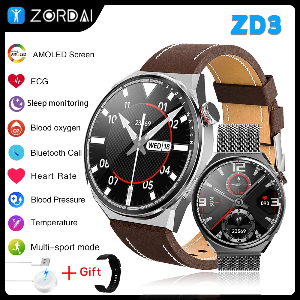 Zordai ZD3 New Smart Watch For Huawei GT4 Pro AMOLED HD Screen BT Call Sport Watch IP68 Heart Rate NFC ECG Smart Watchs For Men