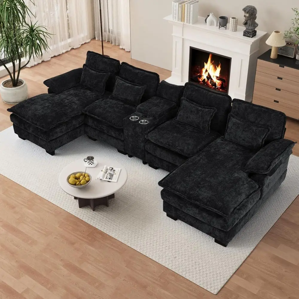 

Sectional Sofa with Double Chaise Lounge, USB Port, Comfortable Chenille Fabric, 132 Long for Living Room