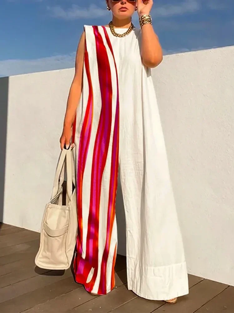 Lemongor Sleeveless Contrast Color Striped Print Wide Leg Jumpsuits For Women 2025 New Summer Loose Urban Casual Cool Jump Suits