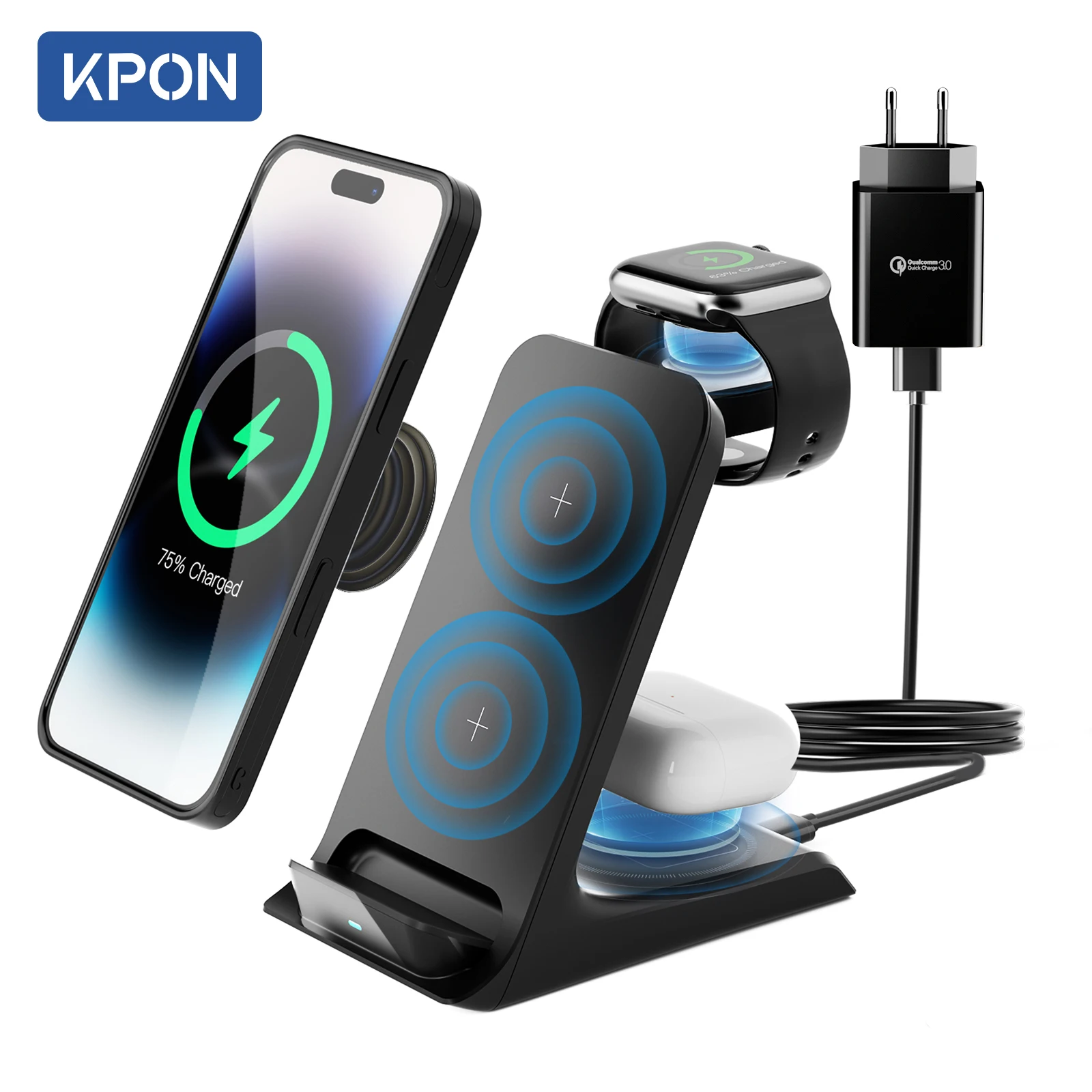 

KPON 3 in 1 Wireless Charger Stand For iPhone 15/14/13/12 Pro Max 30W Fast Charging Station for Apple Watch/AirPods/Thick Cases