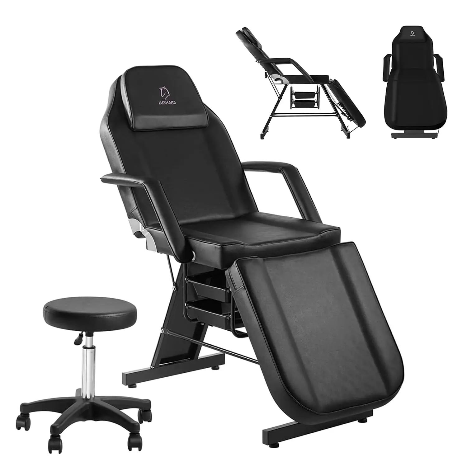 Adjustable Facial Chair, 3-Section Tattoo & Massage Table with Stool, Beauty Bed for Salon, Spa & Tattoo Shop, 73